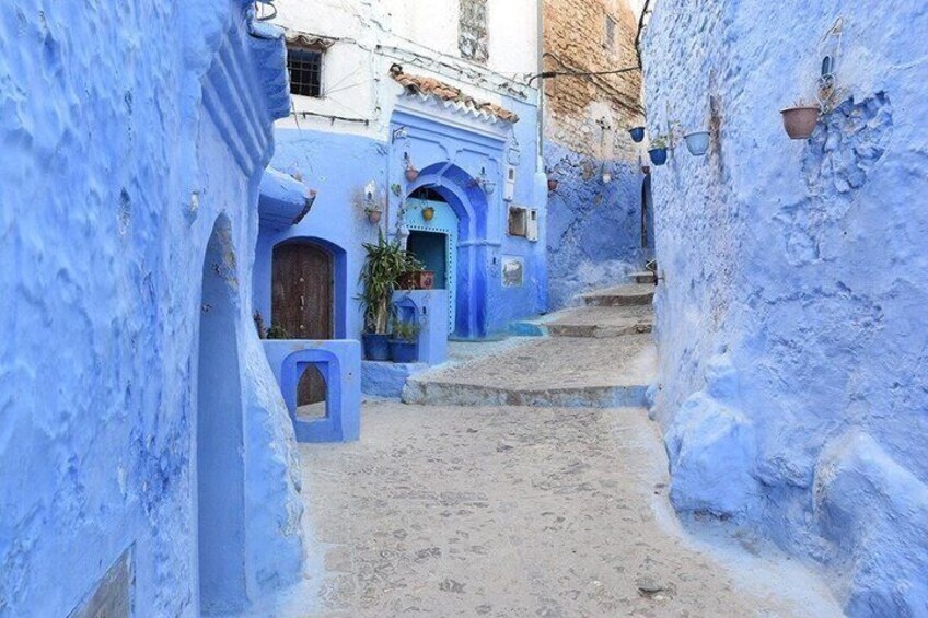 A narrow alleyway with buildings painted in blue, a wooden door, and a potted plant. 2