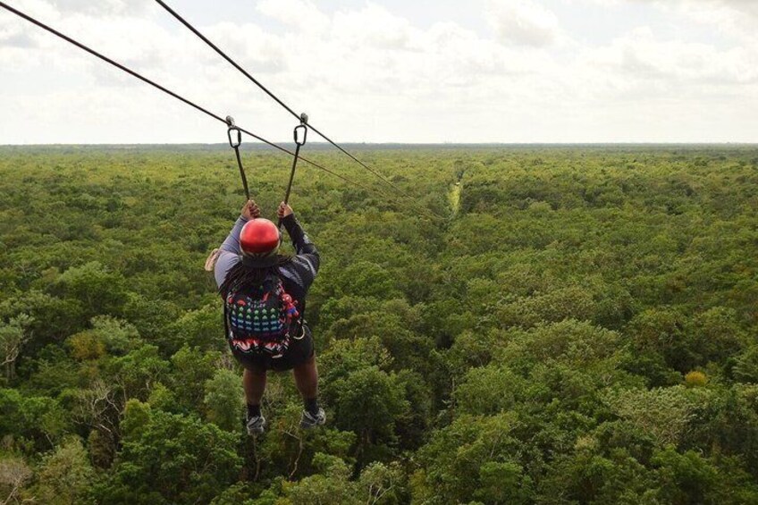 A person zip-lining through a dense forest canopy. 4