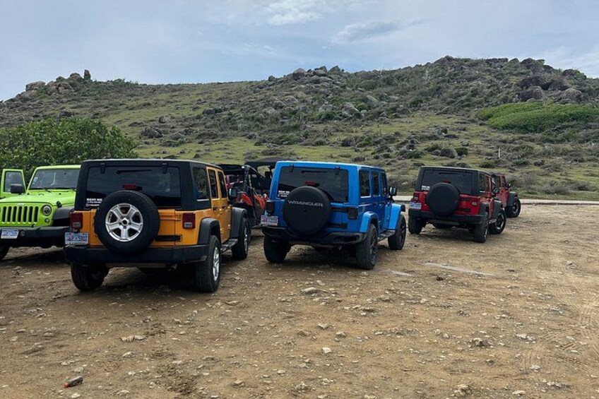 A row of off-road vehicles parked on a dirt surface with a hilly landscape in the background. 3