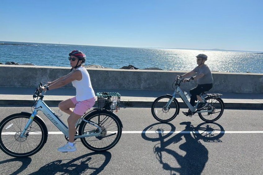 Two cyclists on a paved path by the sea. 1