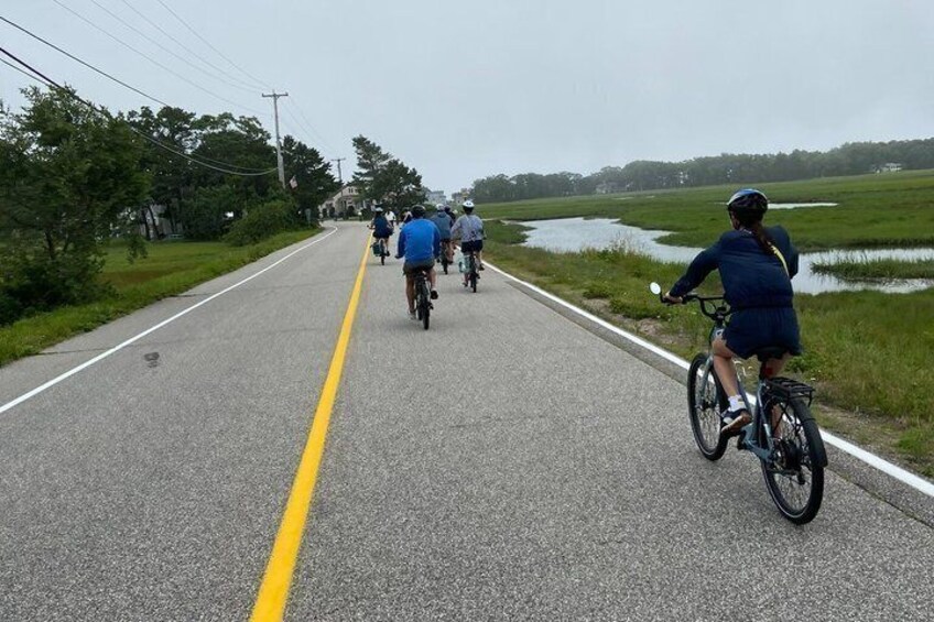 A group of cyclists on a paved road with a yellow line, surrounded by greenery and a body of water. 3