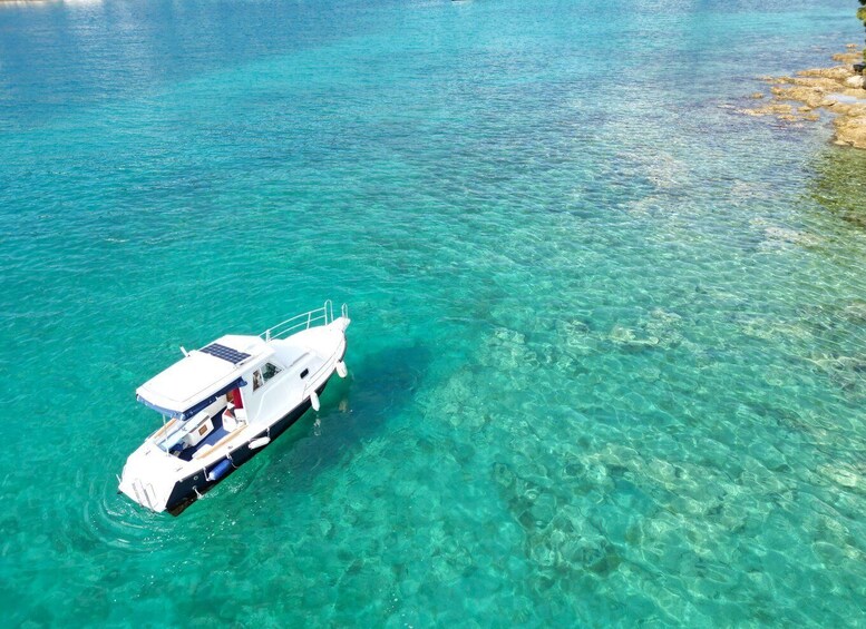 A white boat with a canopy and solar panels on a clear turquoise sea. 1