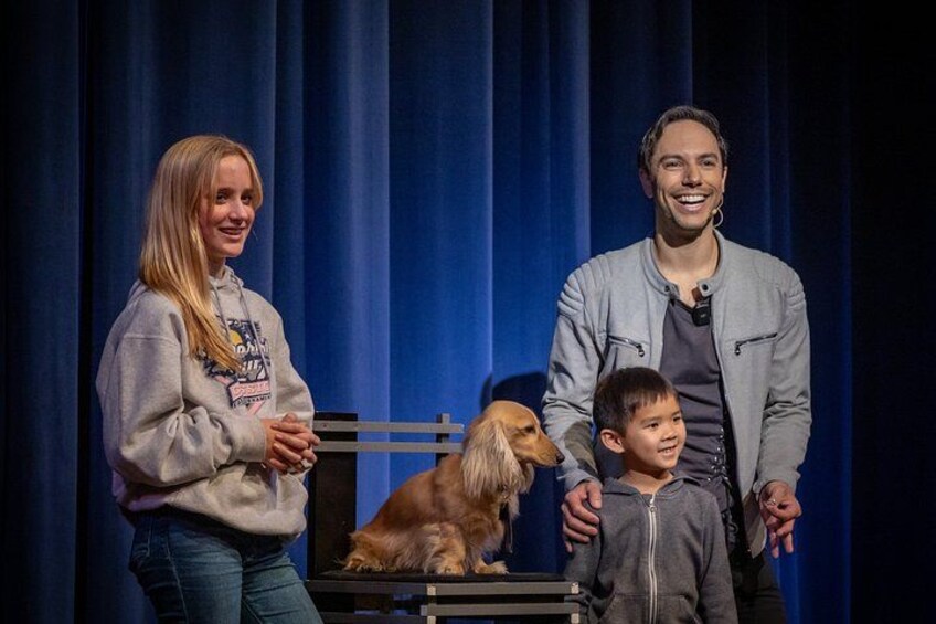 A stage with a blue curtain backdrop, a person in a grey jacket, and a dog. 5