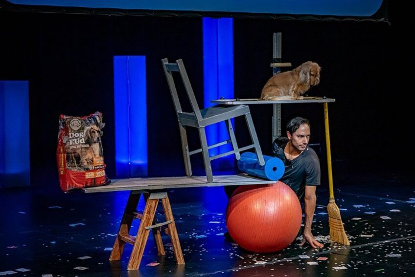 A man balancing on a seesaw with a dog on top, a broom, and a bag of dog food. 4