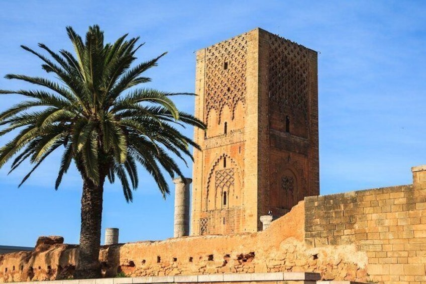 A historic tower with intricate brickwork, a palm tree, and a clear blue sky. 5