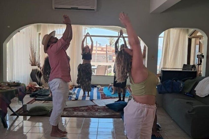 A group of people performing yoga in a living room with large windows and a view of the outdoors. 1