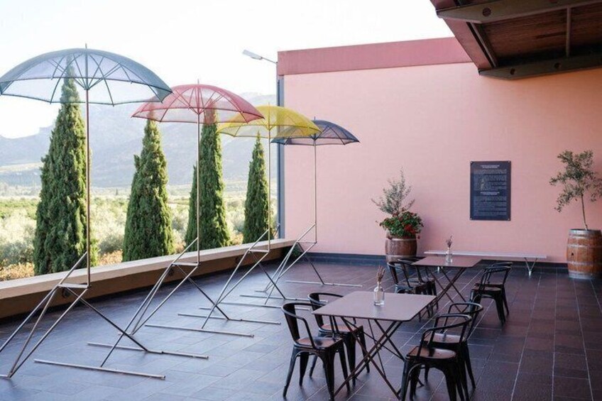 An outdoor patio with tables and chairs, umbrellas, and potted plants. 3