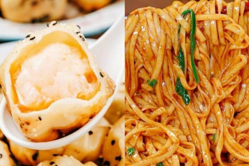 A bowl of noodles with a dumpling and a plate of noodles with green vegetables. 4