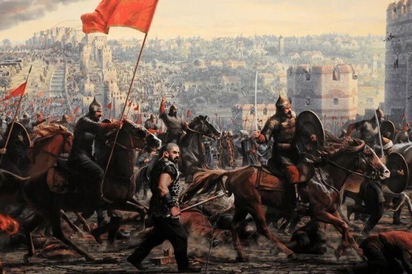 A medieval battle scene with soldiers on horseback, a red flag, and a cityscape in the background. 2