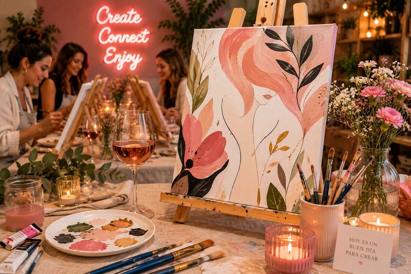 An art class with a painting of a woman, paintbrushes, and a neon sign. 3