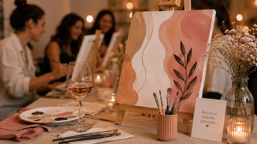 A painting on an easel, a wine glass, and a card with text. 2