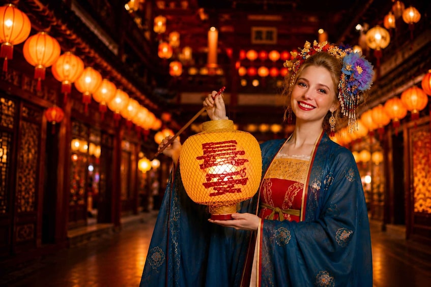 A person in traditional attire holding a lantern with Chinese characters, in a corridor with ornate decorations and hanging lanterns. 1