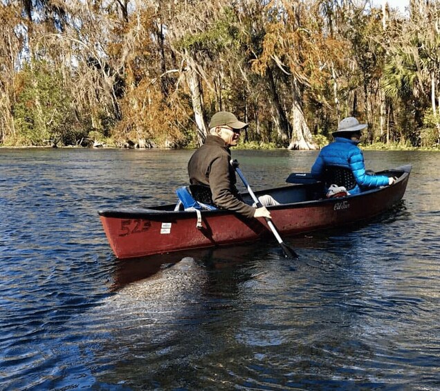Two people in a rowboat on a calm river, surrounded by trees. 3