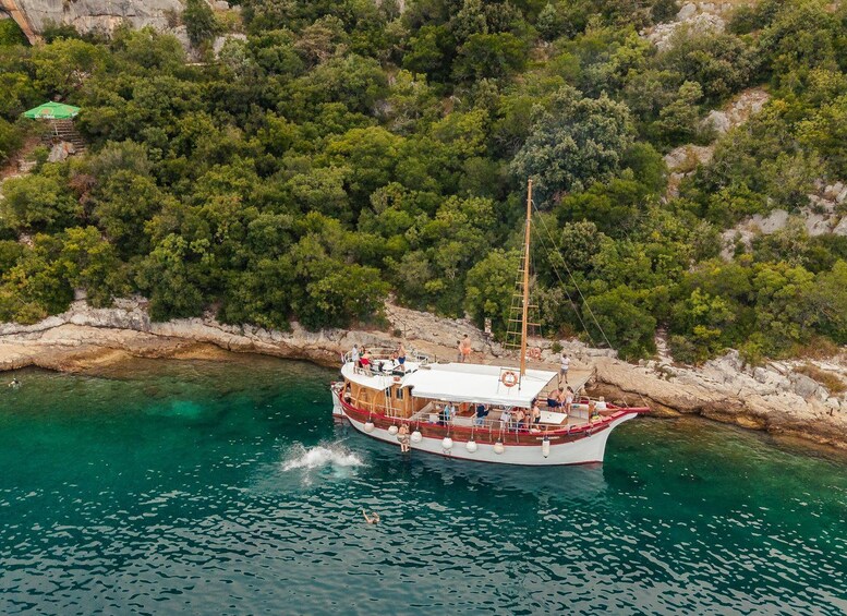A boat with passengers, surrounded by clear water and dense green foliage. 2