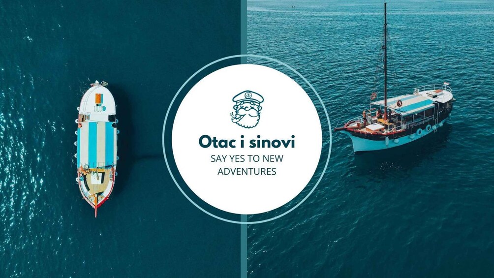 Two boats on the water with a logo and text in the center. 5