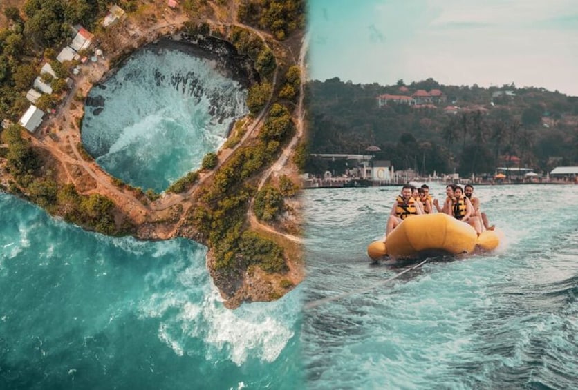 An aerial view of a coastal area with a small island, a clear blue sea, and a group of people on a yellow raft. 1