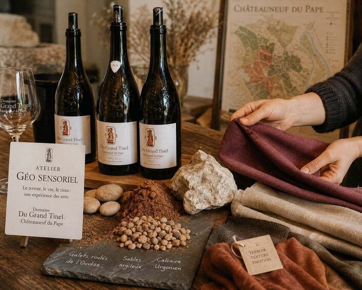 Bottles of Domaine Grand Tinel wine, a sign for Atelier Géo Sensoriel, and various textured fabrics and stones. 1