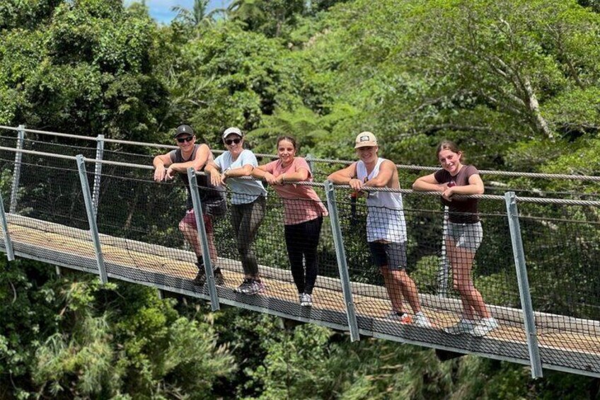 A group of people on a suspension bridge in a forested area. 4