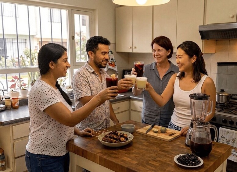 A group of people toasting with drinks in a kitchen. 3