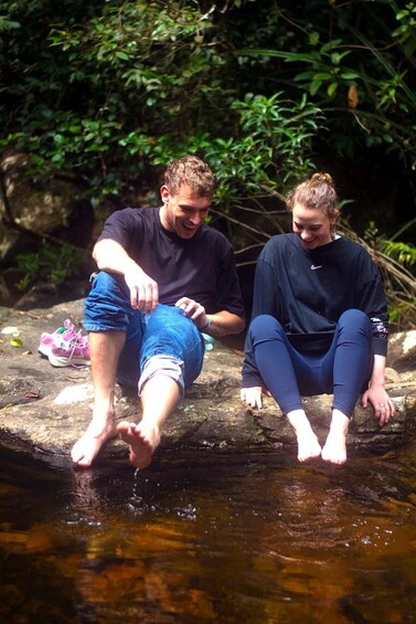 Two people sitting on a rock by a stream in a forested area. 4