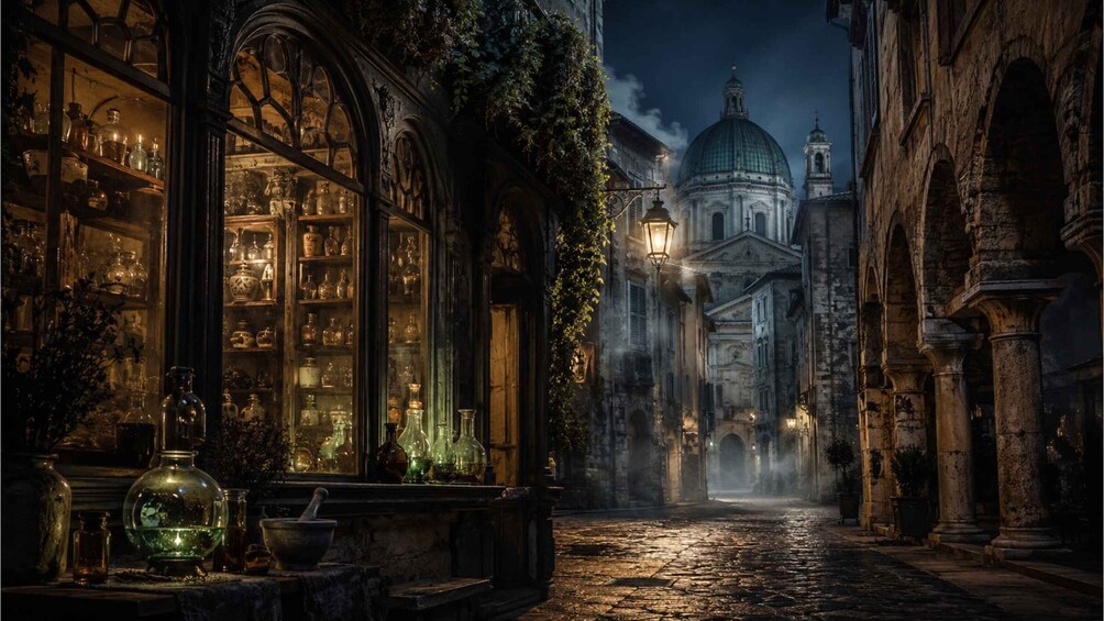 A cobblestone street at night with a pharmacy and a church in the background. 3