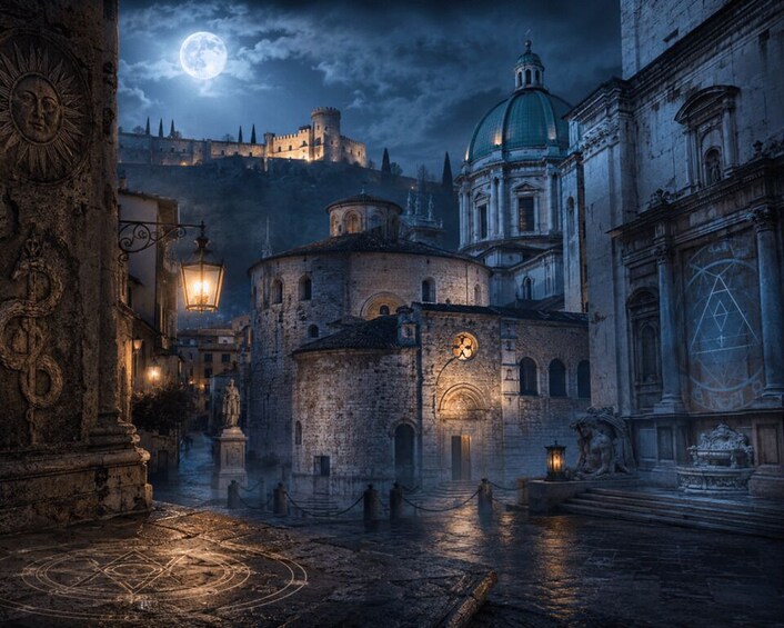 A historic square with a church, a castle in the background, and a full moon. 1
