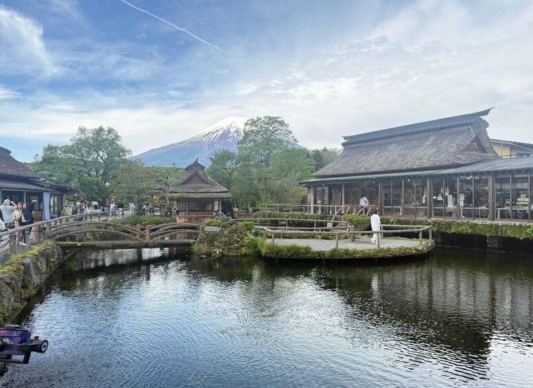 A traditional Japanese garden with a bridge, a pond, and buildings with thatched roofs. 4