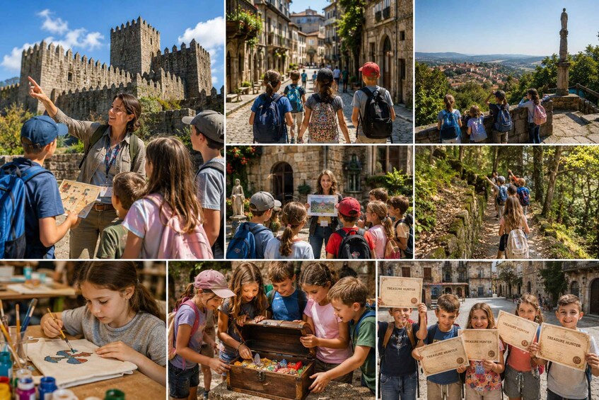 A castle, a group of people walking, and children holding treasure hunter signs. 2