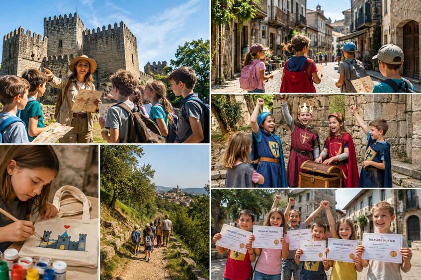 A castle, children with maps, a treasure hunt, and a scenic view. 3