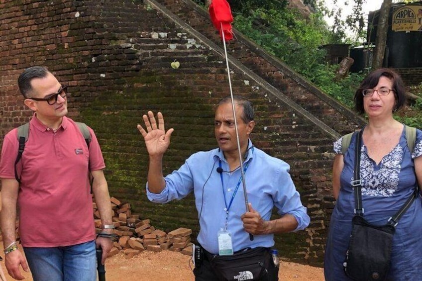 A man in a blue shirt holding a red flag, standing in front of a brick wall with a staircase. 5