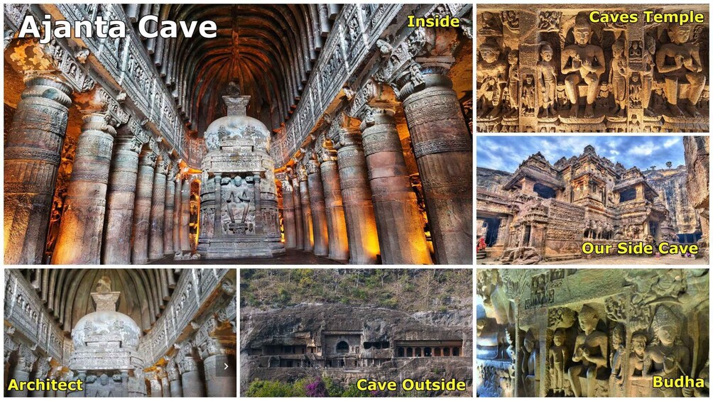 Ajanta Cave's interior, exterior, and a Buddha statue. 3