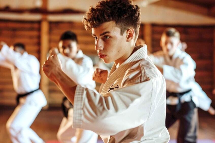 A person in a white martial arts uniform practicing a stance. 1