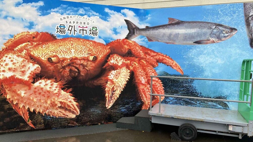 A large crab and a fish on a wall with Japanese text. 5