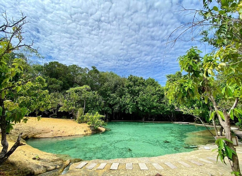 A clear turquoise pool surrounded by lush greenery and a cloudy sky. 1