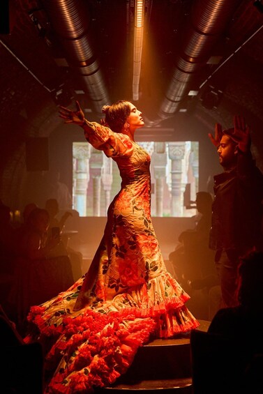 A person in a flowing, ornate dress with floral patterns, standing in a dimly lit room with a large screen in the background. 2