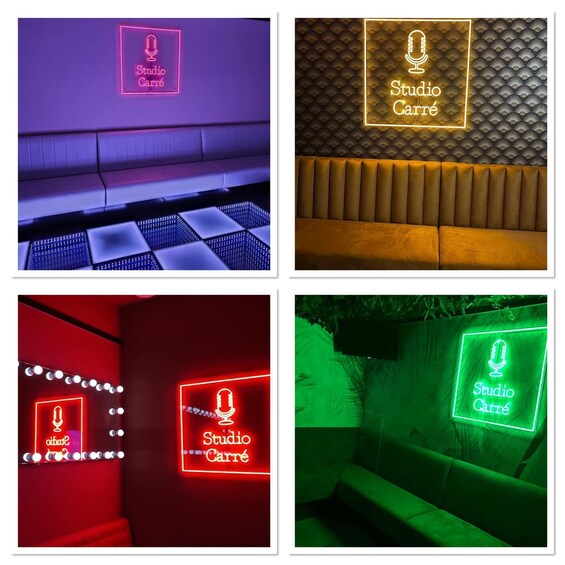 A neon sign with 'Studio Carré' in a purple-lit room, a patterned wall with the same sign, a red-lit room with a mirror and lights, and a green-lit room with a sign. 3