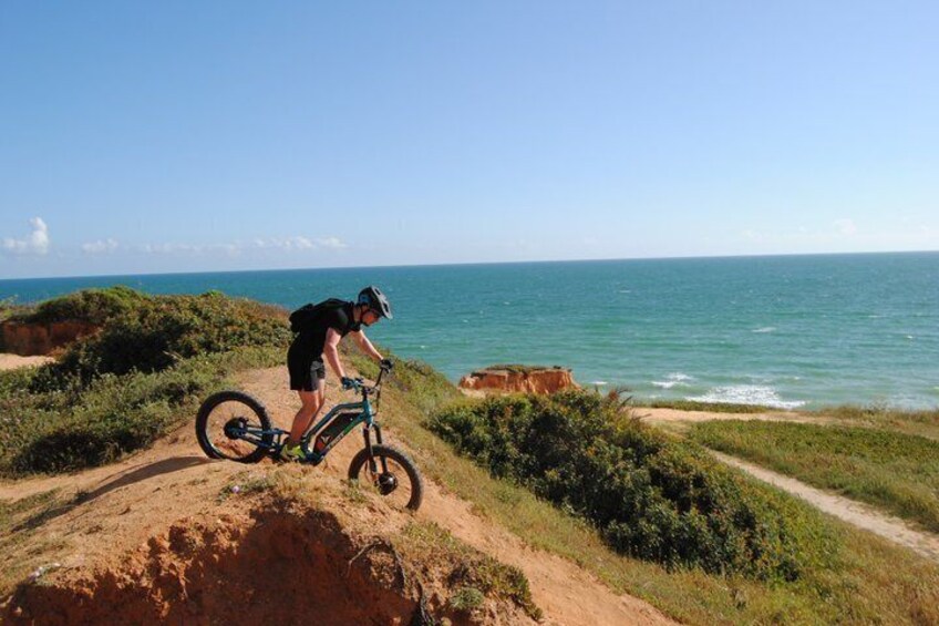 A mountain biker on a dirt trail with a view of the ocean. 1
