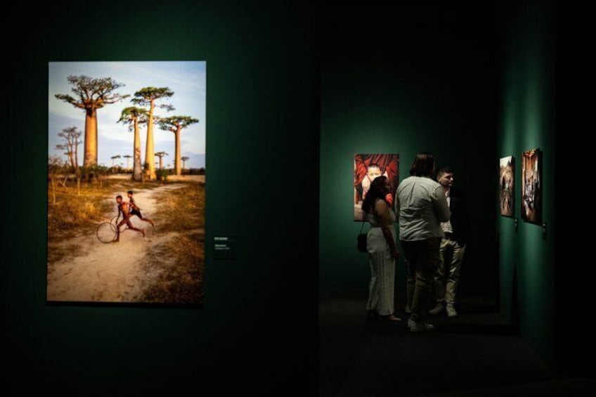 A gallery with artworks on display and a large painting of a landscape with trees and a person riding a bicycle. 2