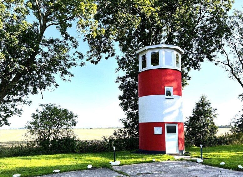 A red and white lighthouse surrounded by trees and grass. 1