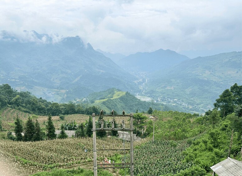 A mountainous landscape with a cornfield and a wooden structure with metal elements. 2