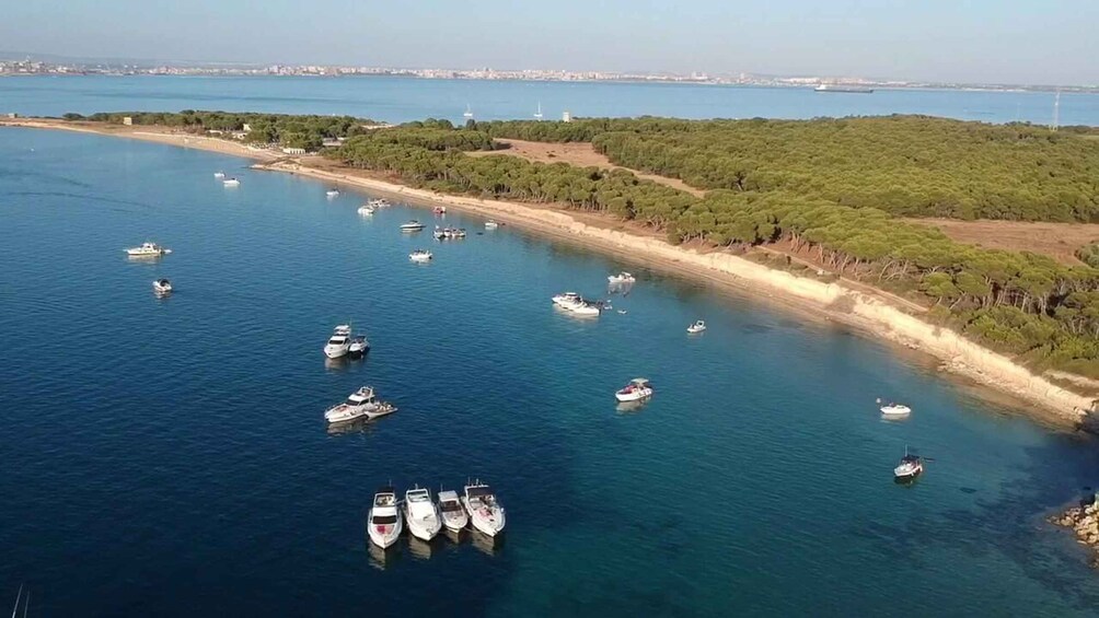 A coastal area with boats docked along the shore and a clear view of the surrounding landscape. 3