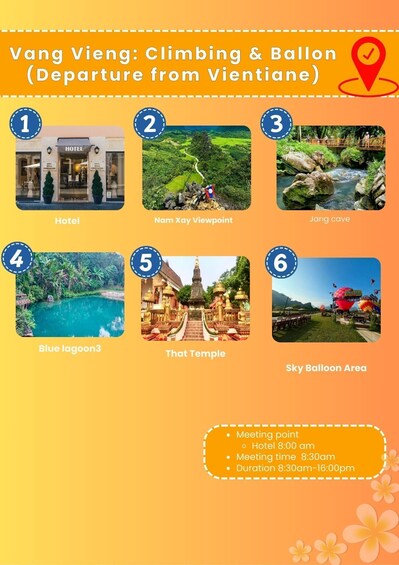 A travel itinerary for Vang Vieng with a hotel, Nam Xay Viewpoint, Jang cave, Blue lagoon, That Temple, and Sky Balloon Area. 5