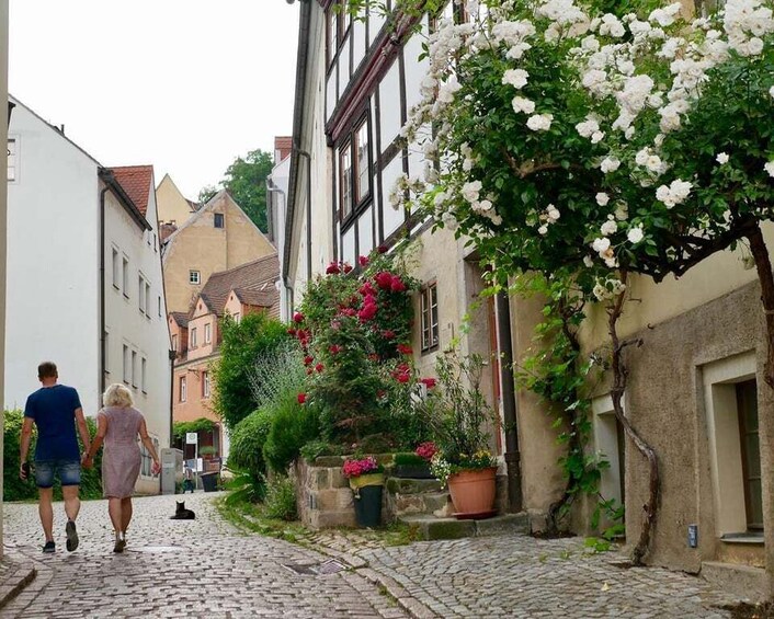 A cobblestone street with historic buildings, a couple walking, and blooming flowers. 5