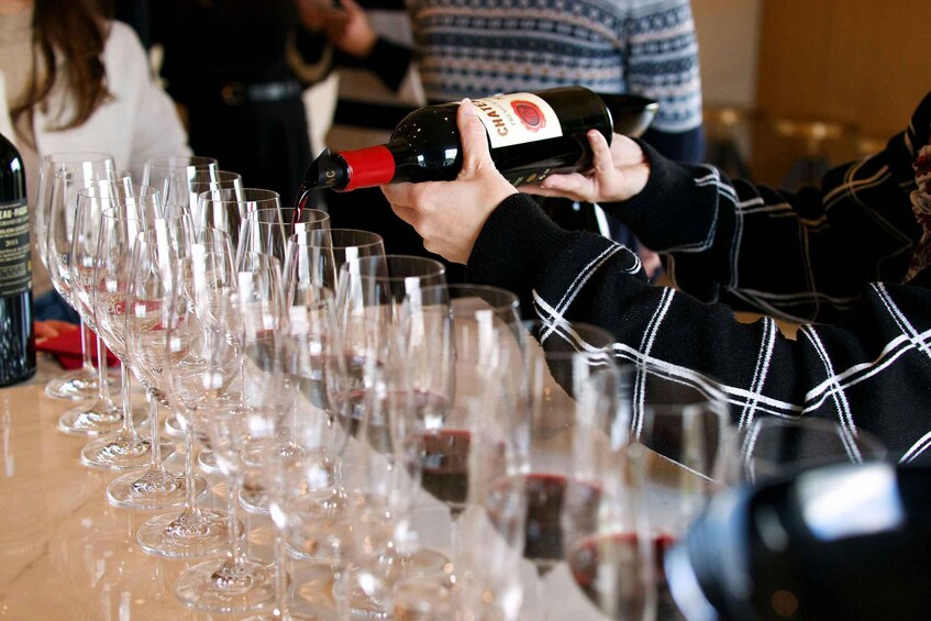 A person pouring wine into a row of wine glasses. 2