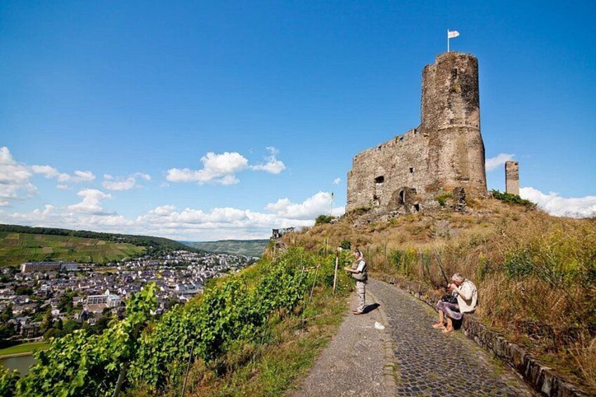 A historic stone castle on a hill overlooking a town. 2