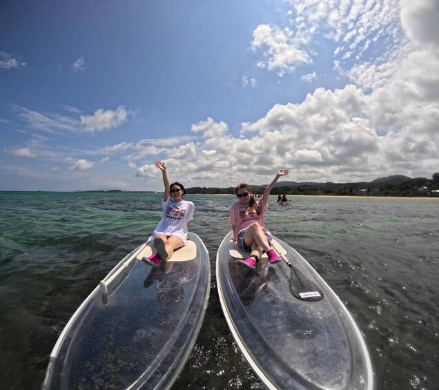 Two people on paddleboards in a body of water with a beach and mountains in the background. 2