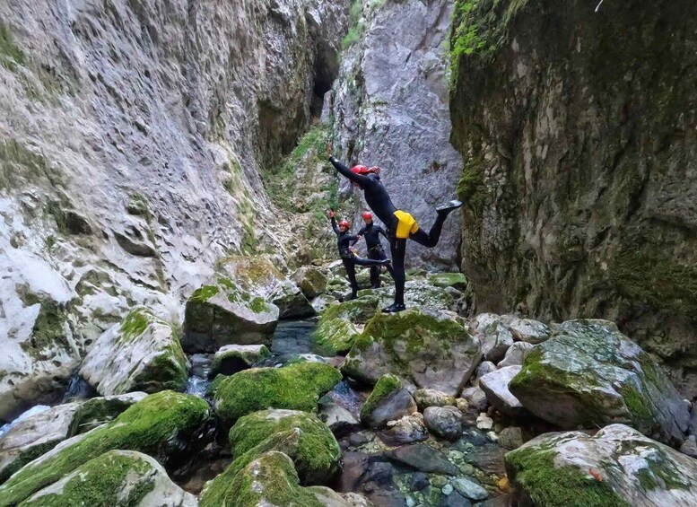 A canyon with a narrow stream, rocky terrain, and a person standing on a rock with arms raised. 1