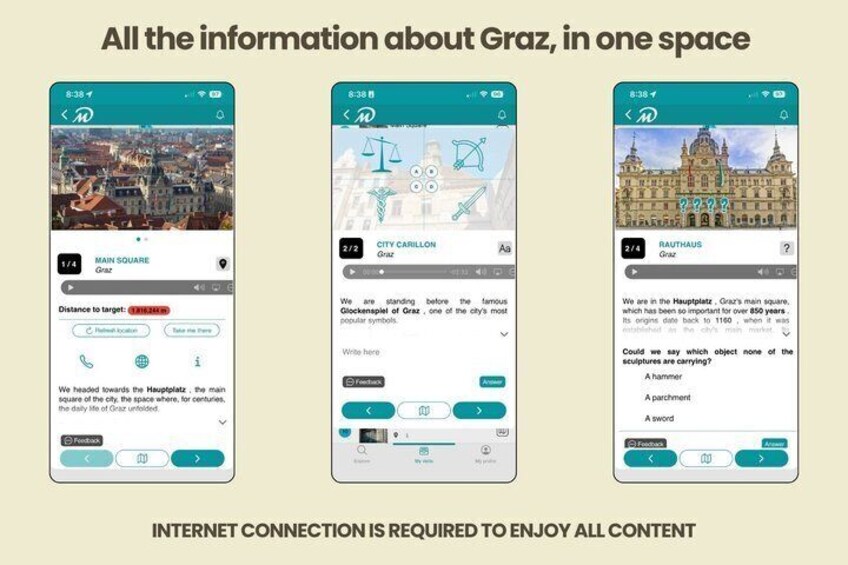 Three mobile screens with information about Graz, including the main square, city carillon, and Rausaal Graz. 2