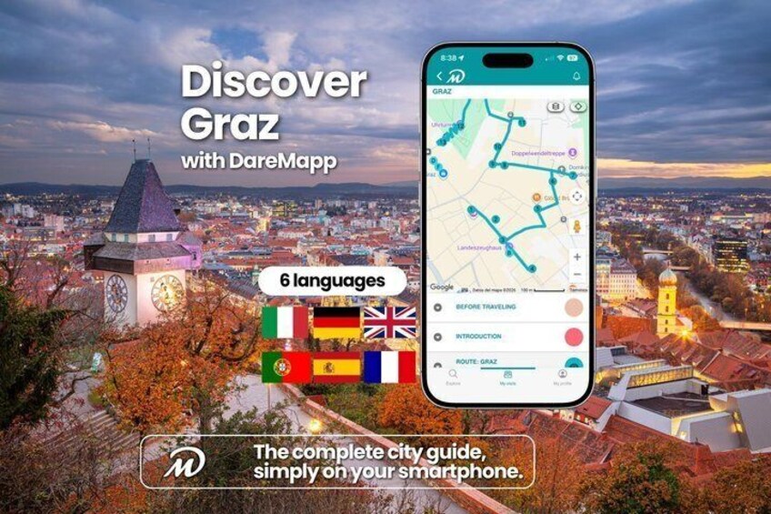A smartphone displaying a city map with multiple languages and a cityscape in the background. 1