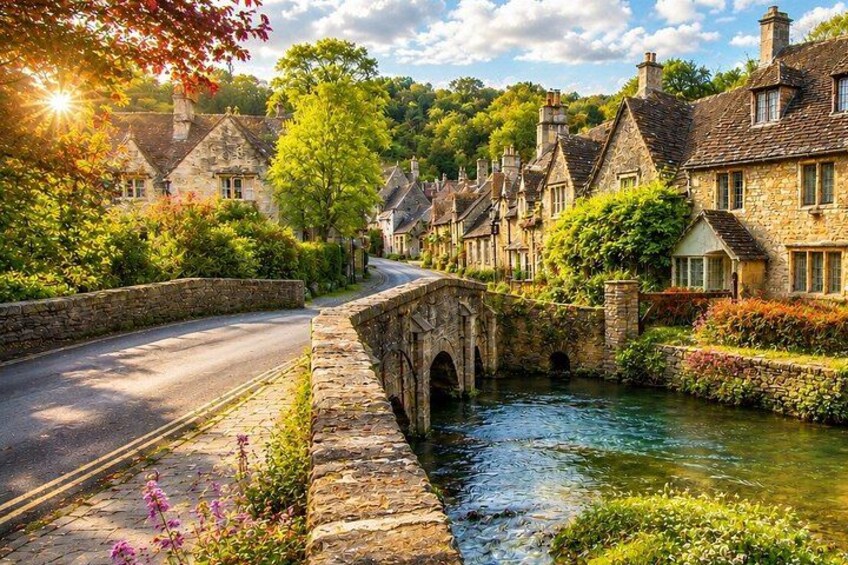 A stone bridge over a river, surrounded by traditional stone houses with gardens. 2
